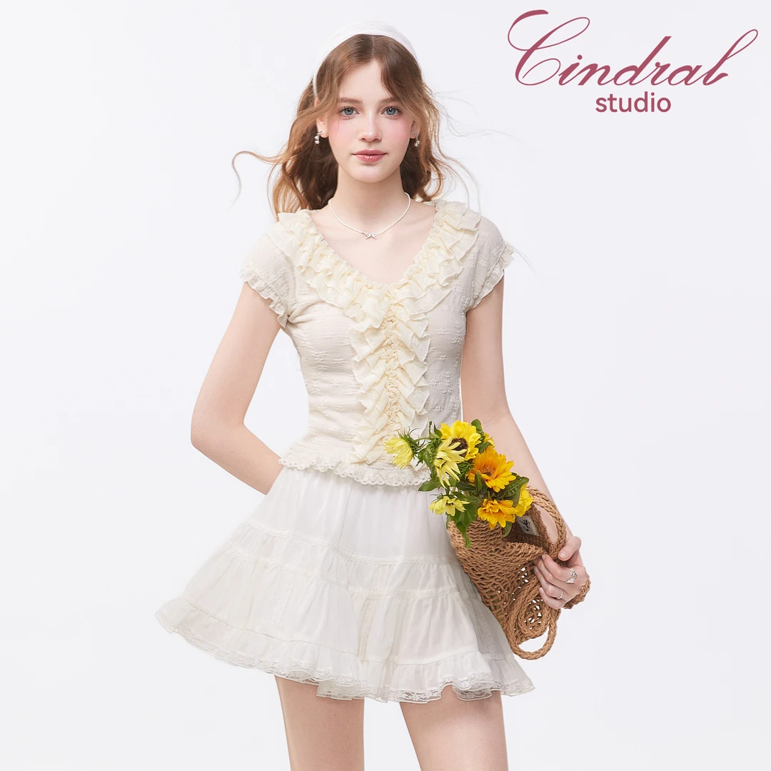 【熙地】夏季甜美可爱千金风时尚蕾丝白色气质衬衫 C85XB0277M