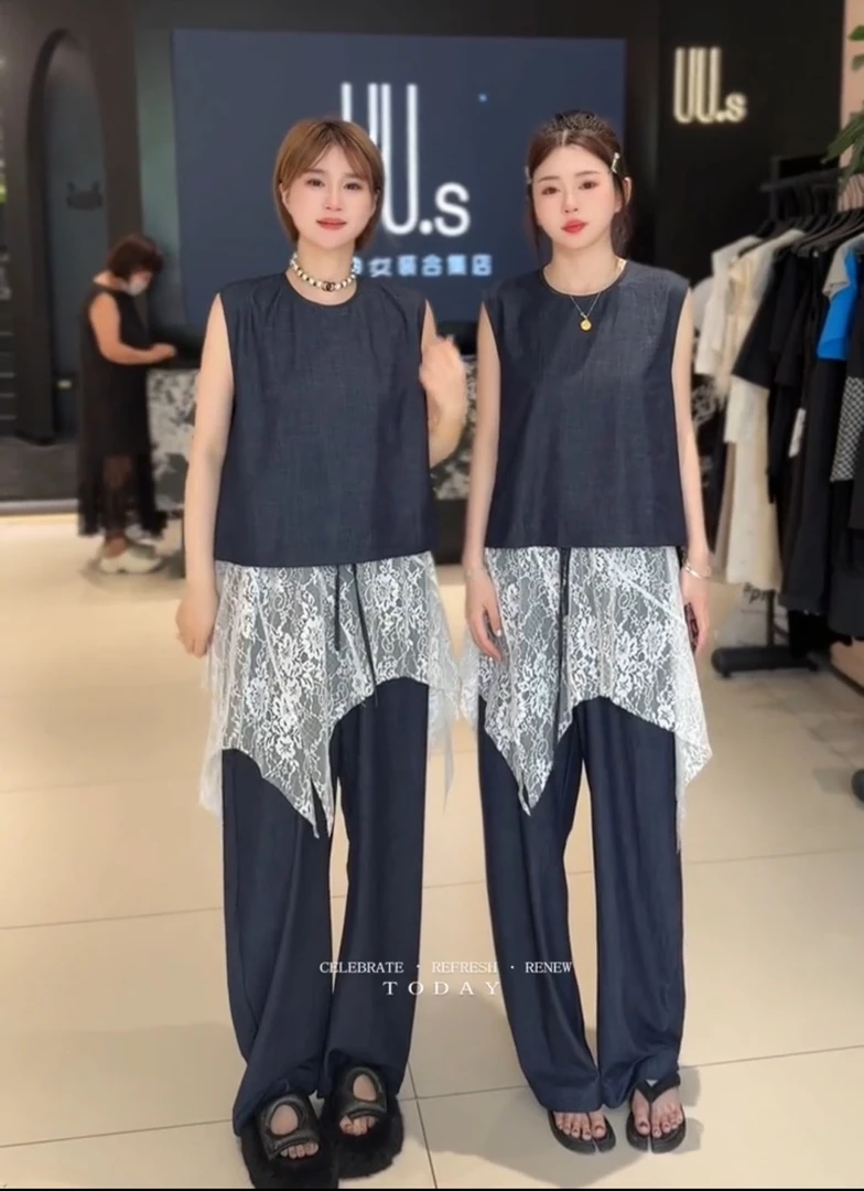 深圳欧货无袖牛仔小众裙屁帘拼接阔腿牛仔裤女