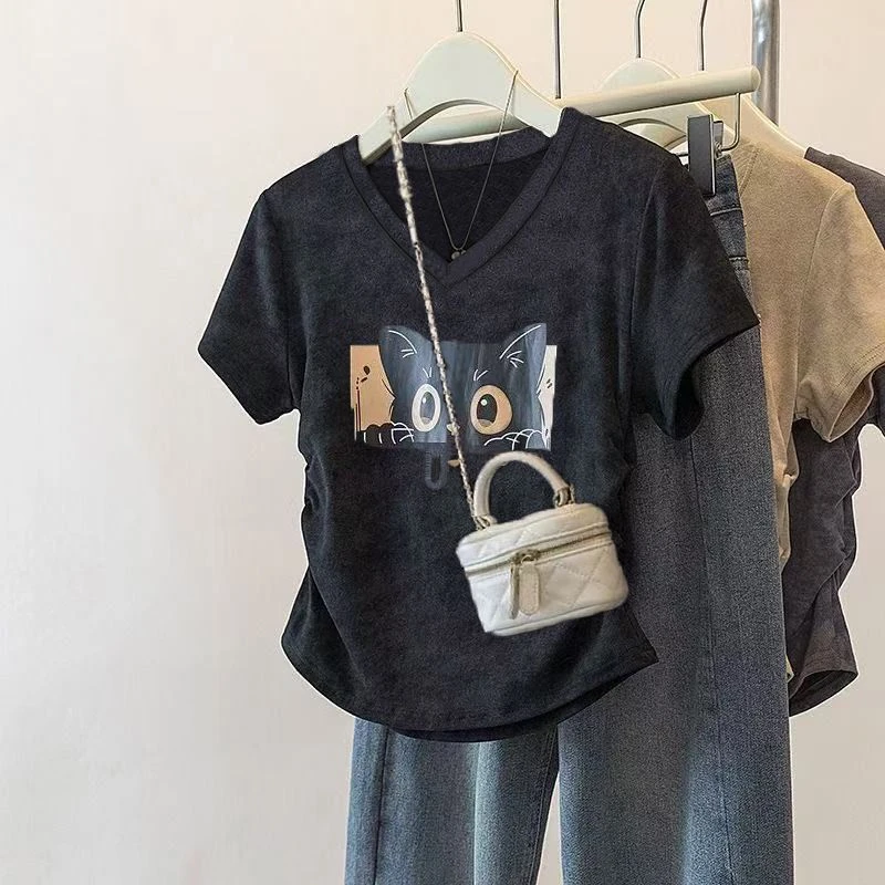 【大码】1043新款短袖猫咪印花v领正肩T恤女褶皱收腰弧形上衣