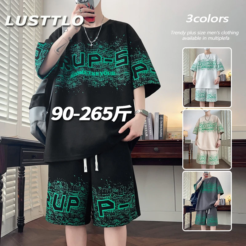 夏季薄款潮牌大码男士休闲运动套装宽松帅气百搭微胖印花两件套