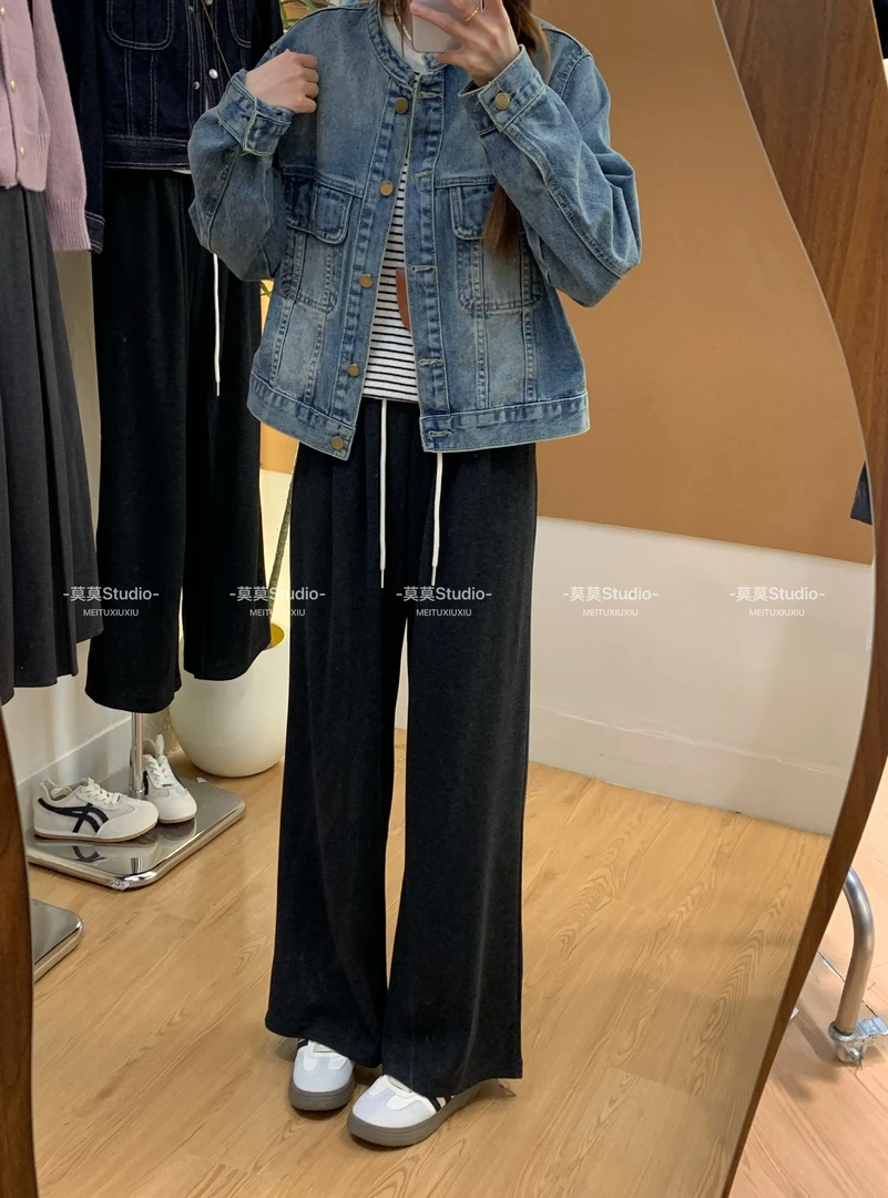 糯米裤新款松紧腰抽绳阔腿裤女宽松百搭显瘦休闲裤秋季612