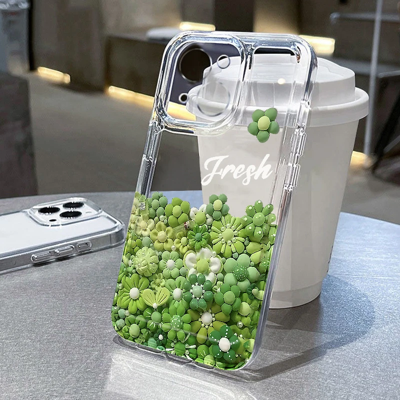 小清新绿色花花世界适用苹果15promax手机壳iPhone14pro/16透明壳