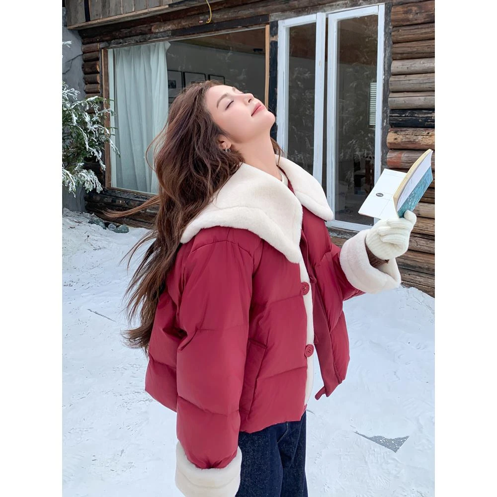 奶fufu甜美减龄红色娃娃领白鸭绒羽绒服女冬新款小个子加厚短外套