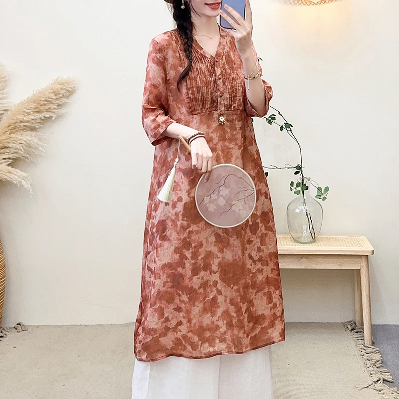 （桔色苎麻扎染印花连衣裙）6305夏季文艺新中式印花显瘦连衣裙Z