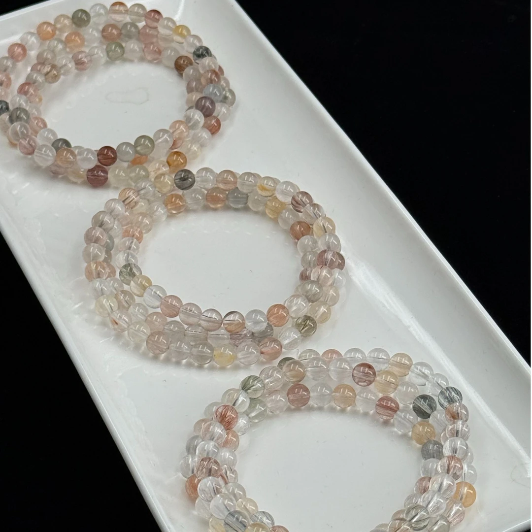 天然冰透钢丝彩兔毛三圈手链 L1112  多样性发其一