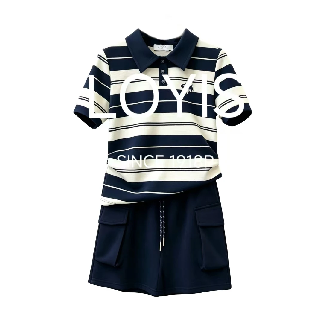 【LOYIS/高奢定制】夏季套装Polo领条纹显瘦女短袖两件套AGP-D17