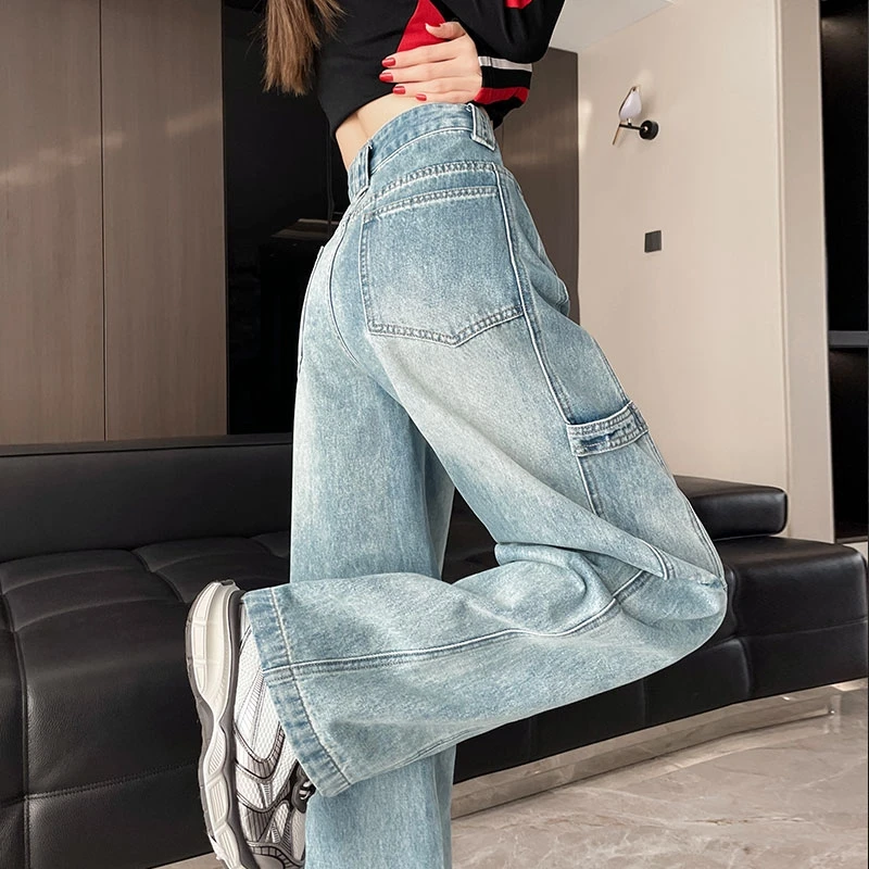 浅蓝色美式阔腿裤女2025春夏新款大裤脚牛仔裤设计感街头拖地长裤