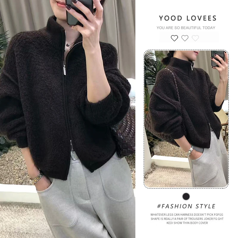 2025冬季新款简约洋气颗粒感外套慵懒暗坑高领双拉链设计感上衣女