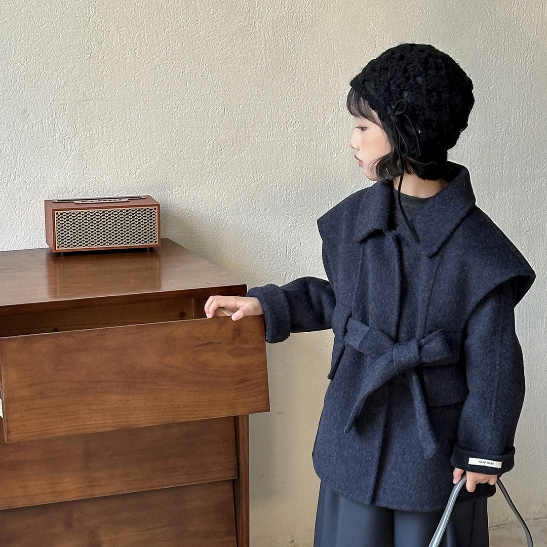韩版新款秋冬羊毛儿童双面呢大衣中长款男女大童装毛呢子外套加厚
