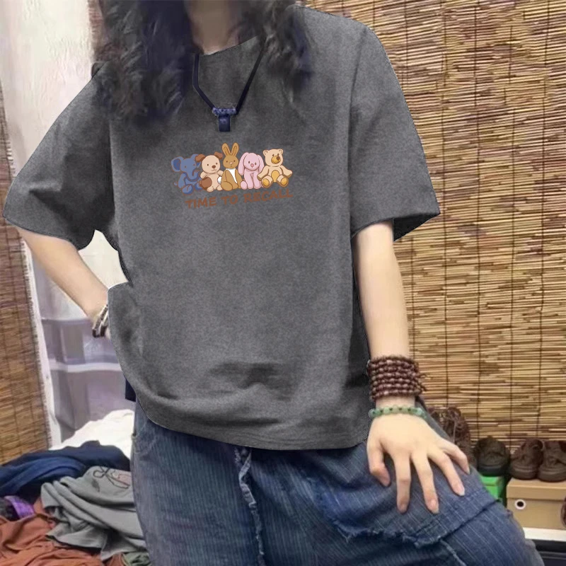 正肩t恤女宽松百搭灰色休闲2025短袖显瘦打底衫欧货圆领夏季上衣