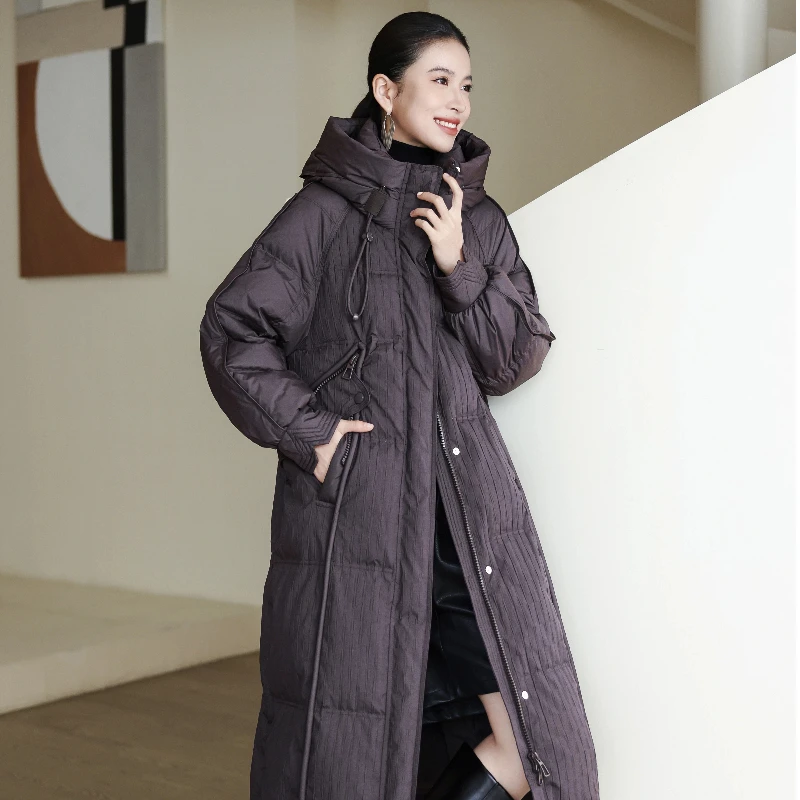 MK217#90白鸭绒羽绒服女冬季2025新款宽松长款连帽保暖长袖外套