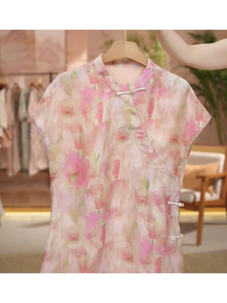 【粉色佳人】桑蚕丝夏季新款改良旗袍盘扣上衣女显瘦百搭减龄