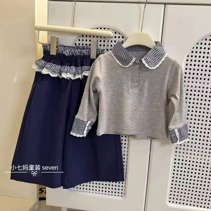 韩森系女童春季2025套装儿童春秋长袖洋气针织假两件翻领秋季