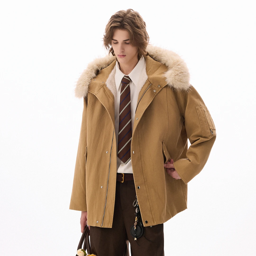 CHOR秋冬季毛领加绒加厚中长款连帽夹克外套户外防风保暖翻领时尚