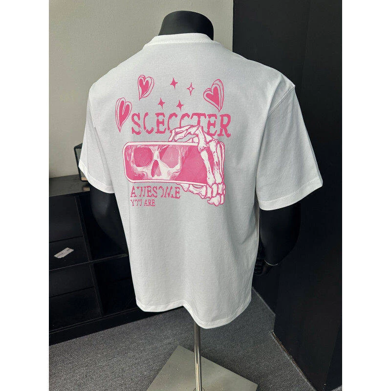 骷髅照相印花短袖T恤男款夏季美式潮牌280g重磅痞帅情侣半截袖T恤