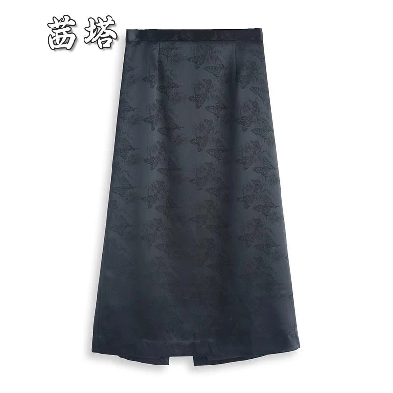 女夏季开叉中长款新中式裙子复古直筒半裙醋酸缎面半身裙国风提花