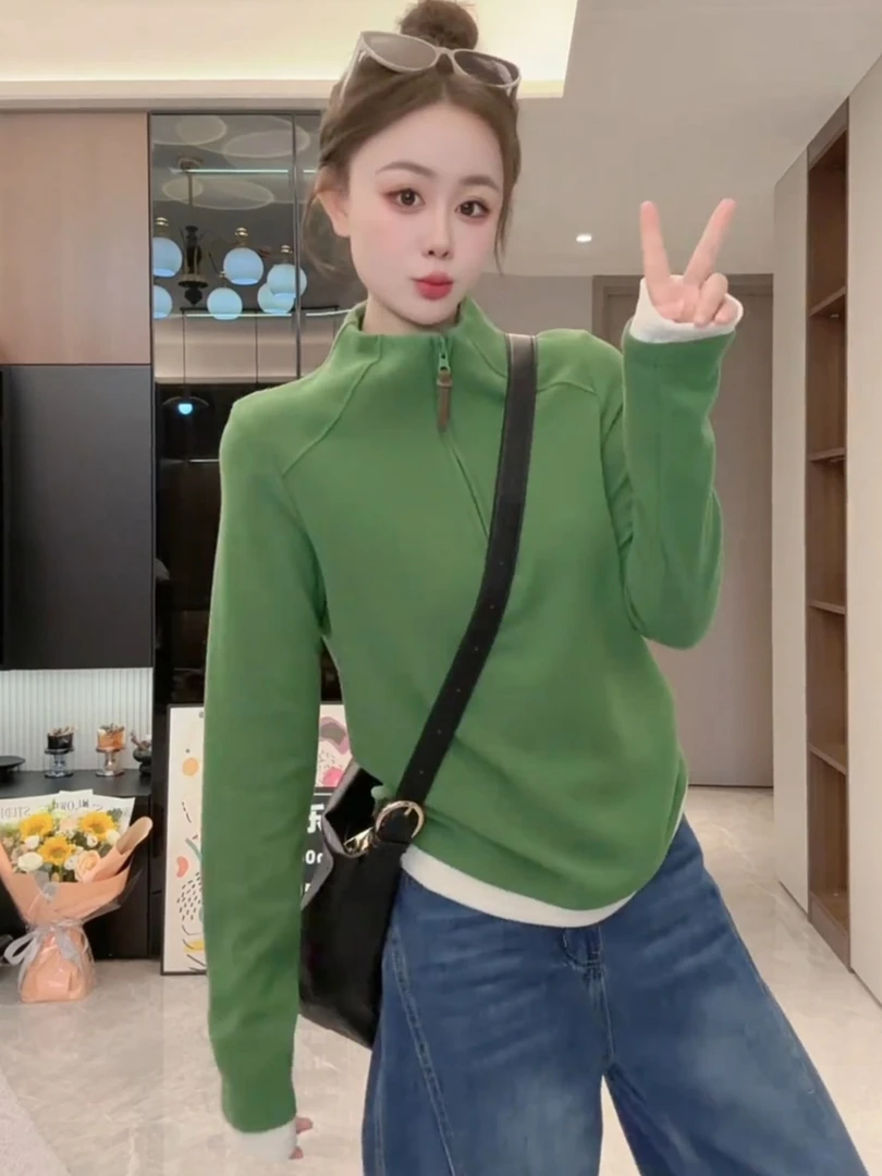 磨毛长袖INS风拼色保暖拉链卫衣女打底洋气秋冬时尚立领撞色上衣