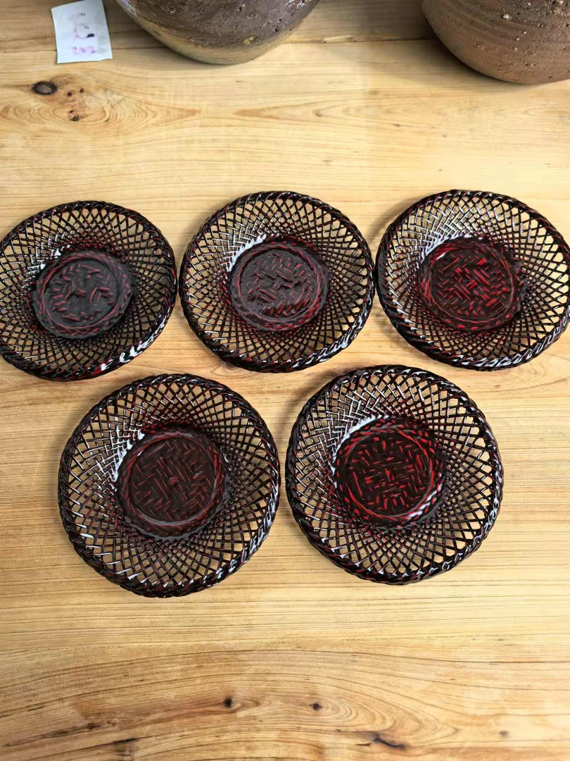 日本茶道具，竹编大漆杯托