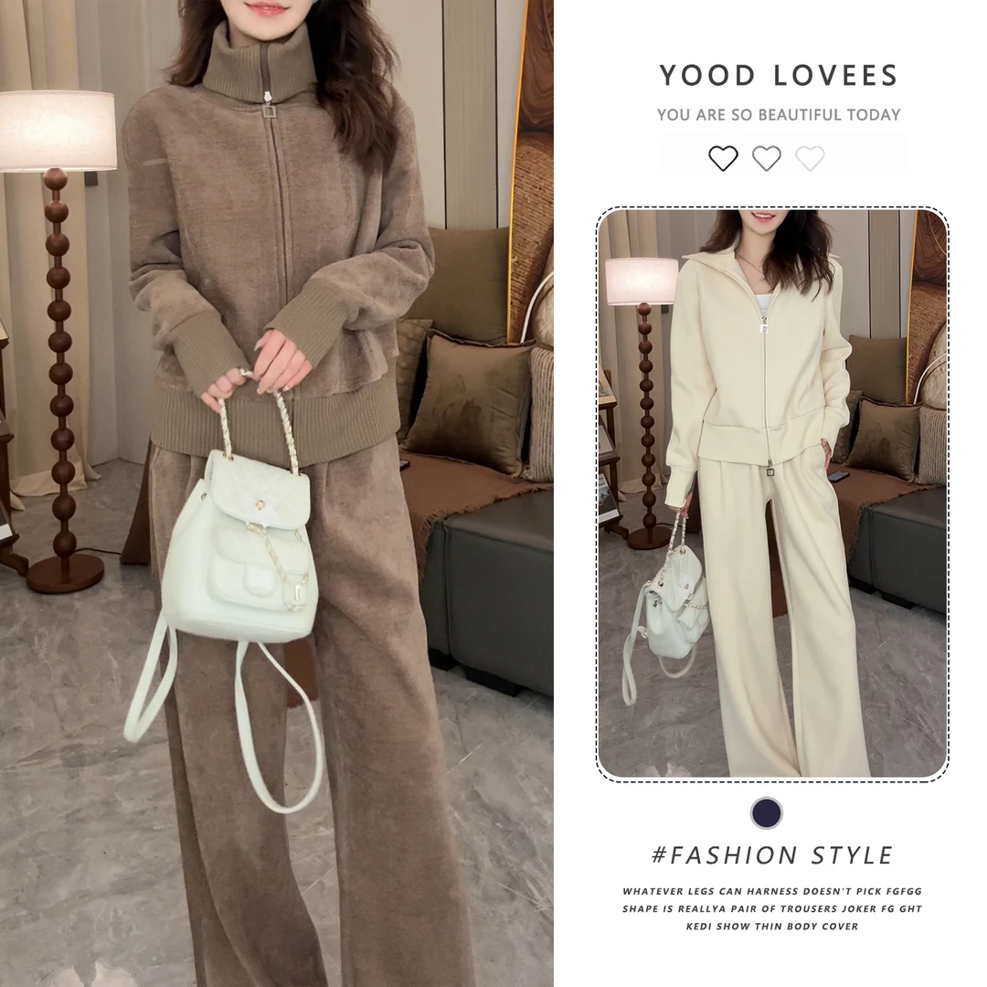 2025秋冬新款立领短款修身长袖卫衣短外套高腰休闲长裤两件套装女