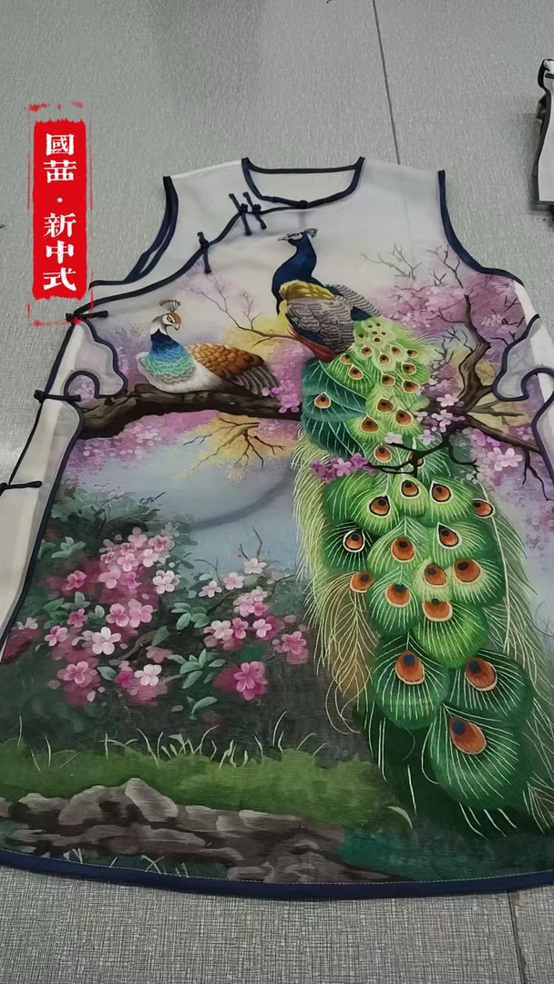 手绣苏绣真丝薄纱孔雀无袖旗袍不透(送内搭)