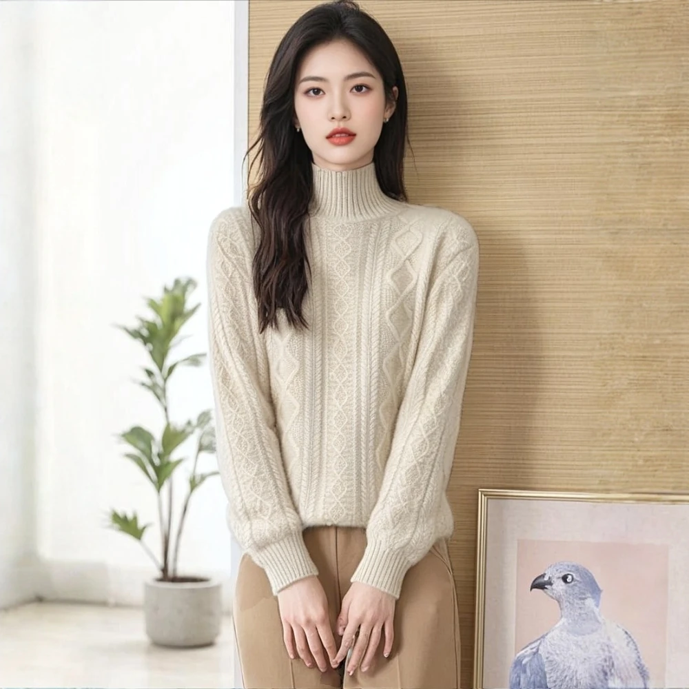 秋冬加厚羊毛衫女半高领保暖宽松毛衣经典绞花韩版洋气针织打底衫