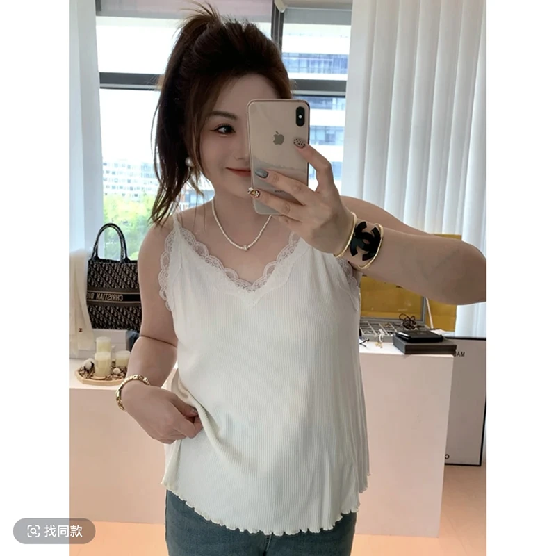 大码蕾丝吊带背心女春季白色内搭胖MM显瘦外穿无袖针织上衣-6758