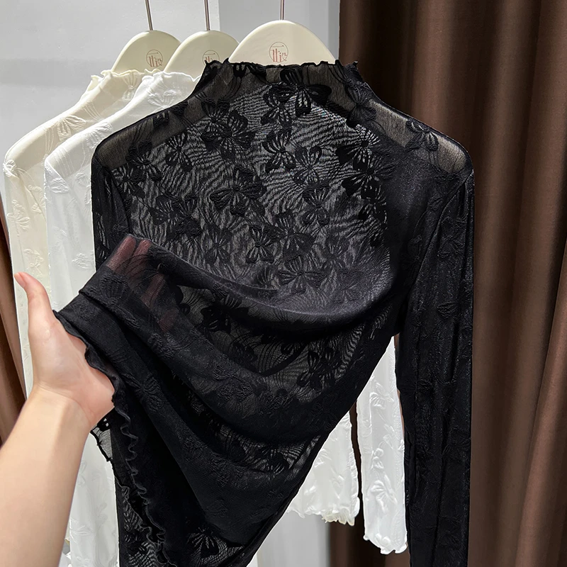 黑色木耳边蕾丝薄款打底衫女2025新款秋冬长袖半高领洋气内搭上衣