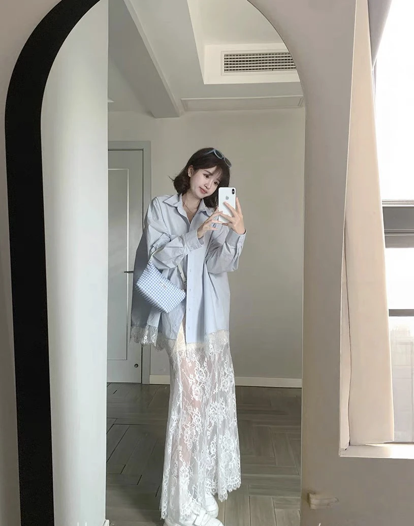 【冰岛慕斯】浪漫氛围宽松百搭蕾丝拼接衬衫+显瘦长款蕾丝半身裙