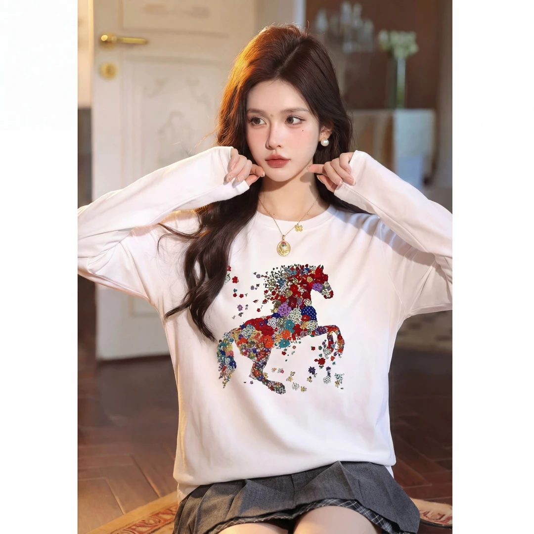 FANRUI/泛芮「童驹缀彩」5D彩绘烫钻龙马时髦设计感打底上衣B19947