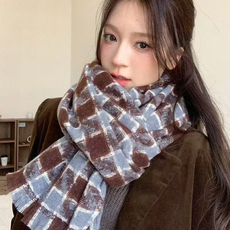 围巾网红针织厚款千鸟格保暖秋冬季百搭加厚复古学生情侣时尚