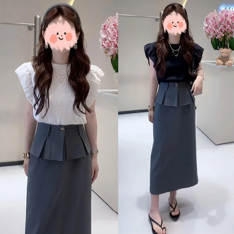 2025夏季新款泡泡袖韩版减龄上衣+西装半身裙两件套显瘦气质网红