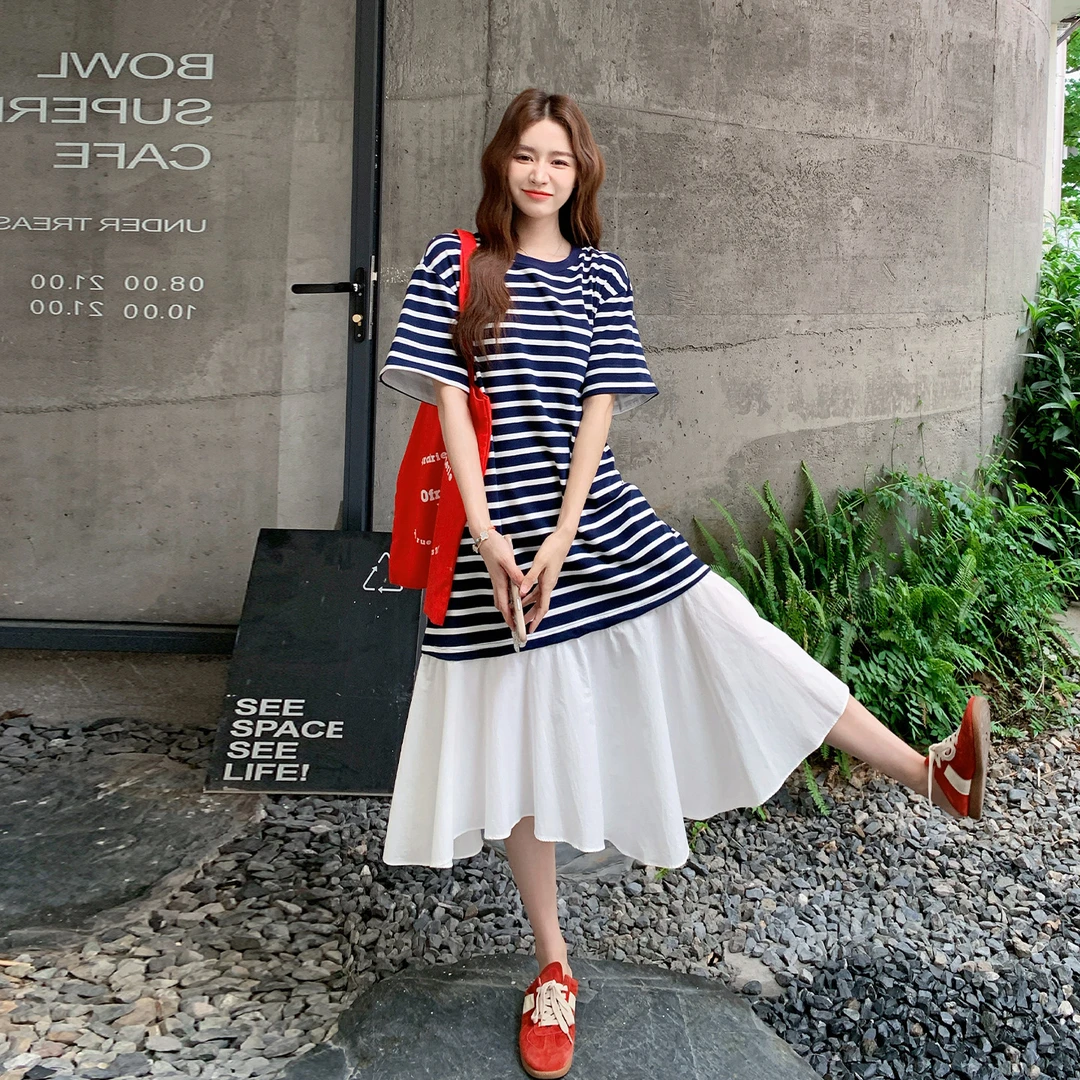 设计感条纹拼接T恤连衣裙女夏季2025新款减龄宽松显瘦荷叶边长裙