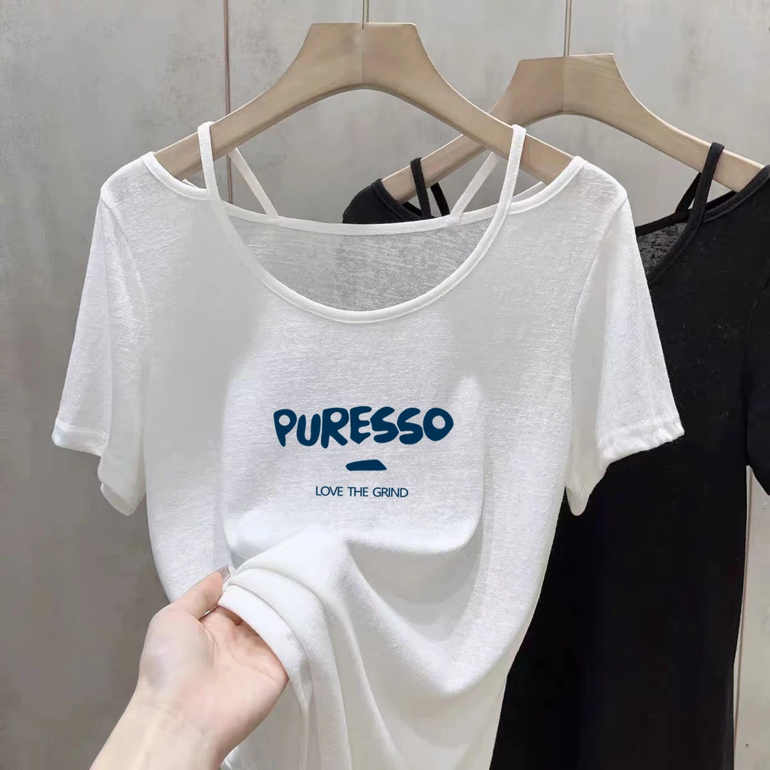 法式露锁骨短袖夏季女装薄款宽松型t恤显瘦T恤雪花棉气质上衣