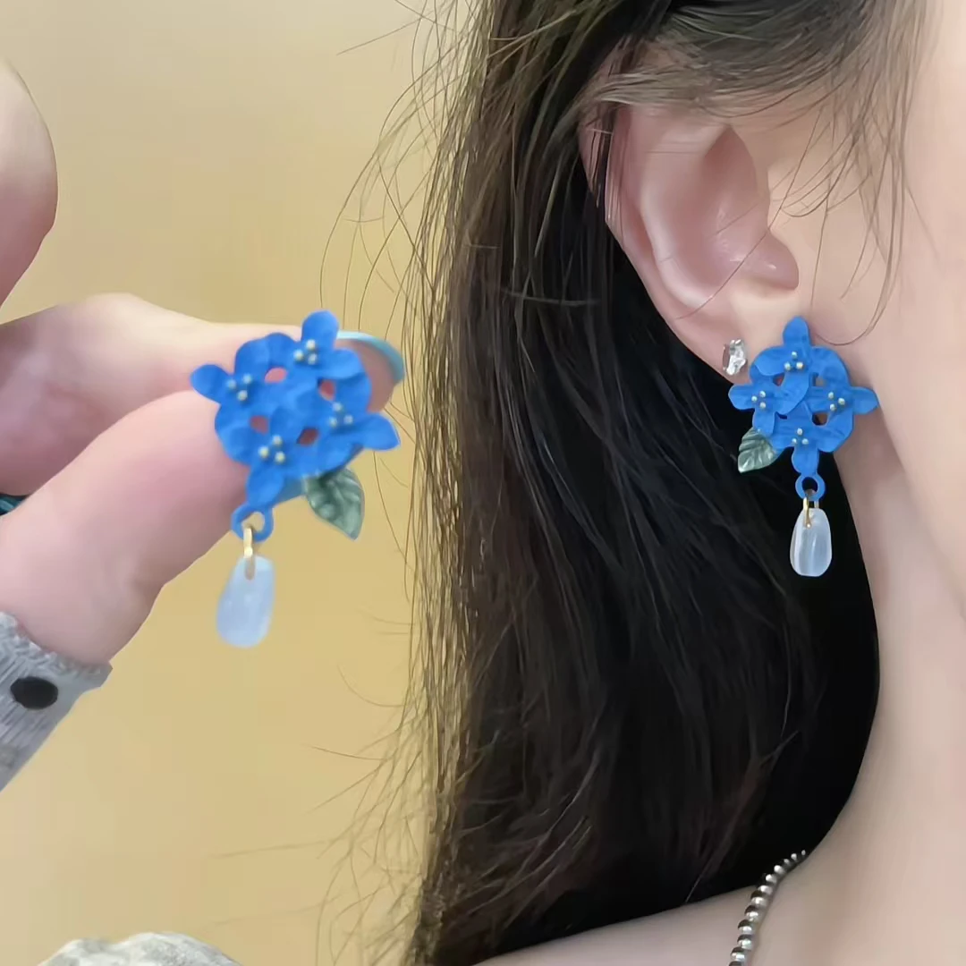 合金耳饰 「蓝铃兰」失眠人鱼花朵耳坠气质耳钉女显脸瘦小众设计感