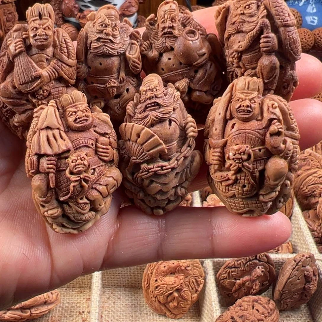 桃核手串新**哲桃核雕刻四大天王钟馗单粒
