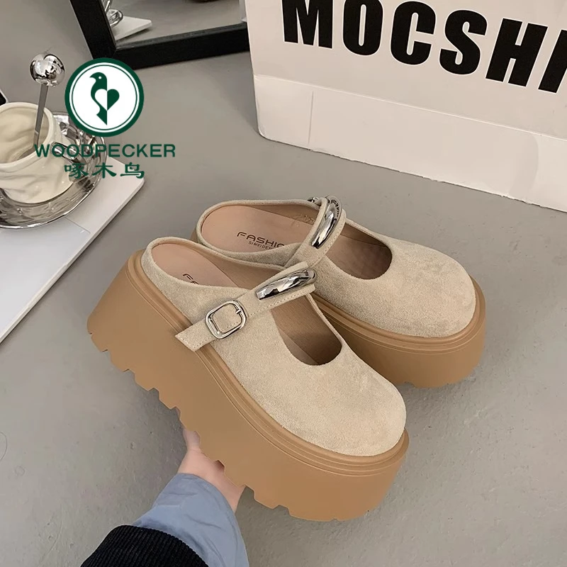 啄木鸟厚底玛丽珍包头半拖鞋女外穿2025夏季新款增高勃肯凉拖鞋