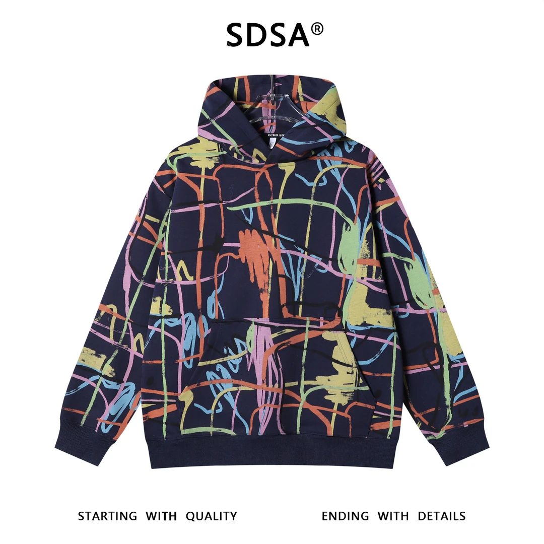 SDSA男士秋冬新款痞帅男装潮牌凌乱线条撞色连帽卫衣百搭时尚上衣