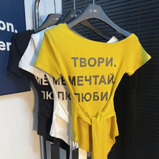 美式字母印花斜肩短袖T恤女2025夏季新款设计感绑带收腰显瘦上衣