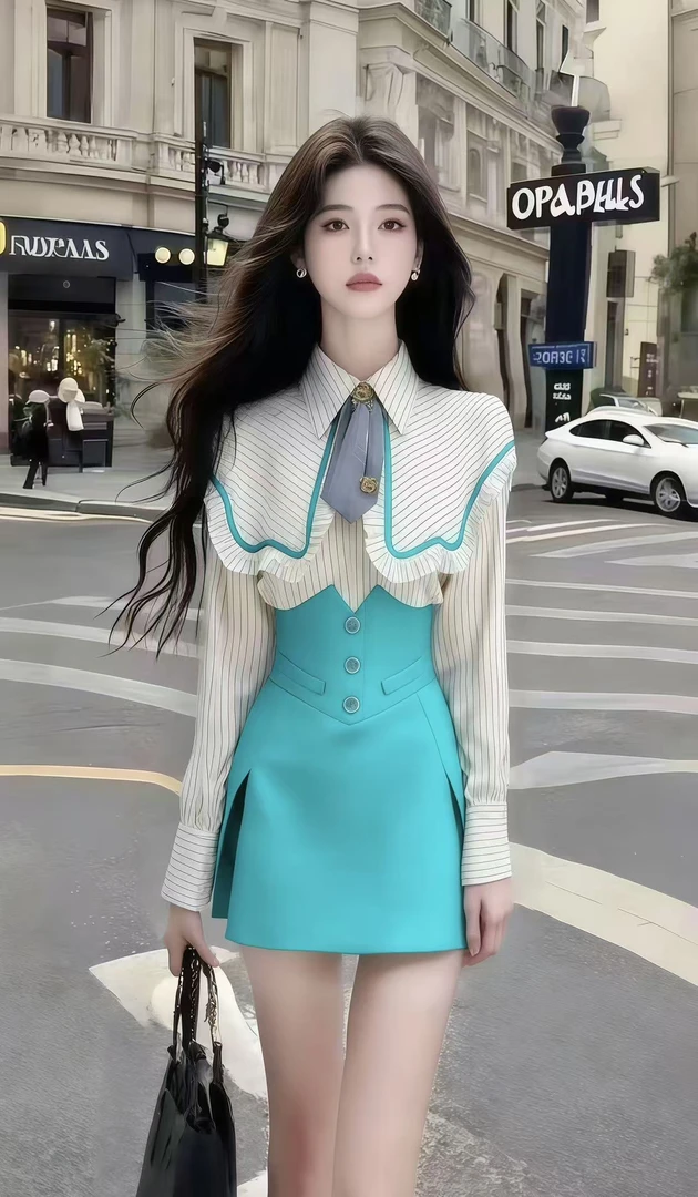 秋季新款高级感条纹翻领长袖设计感上衣+湖蓝色高腰半身裙两件套