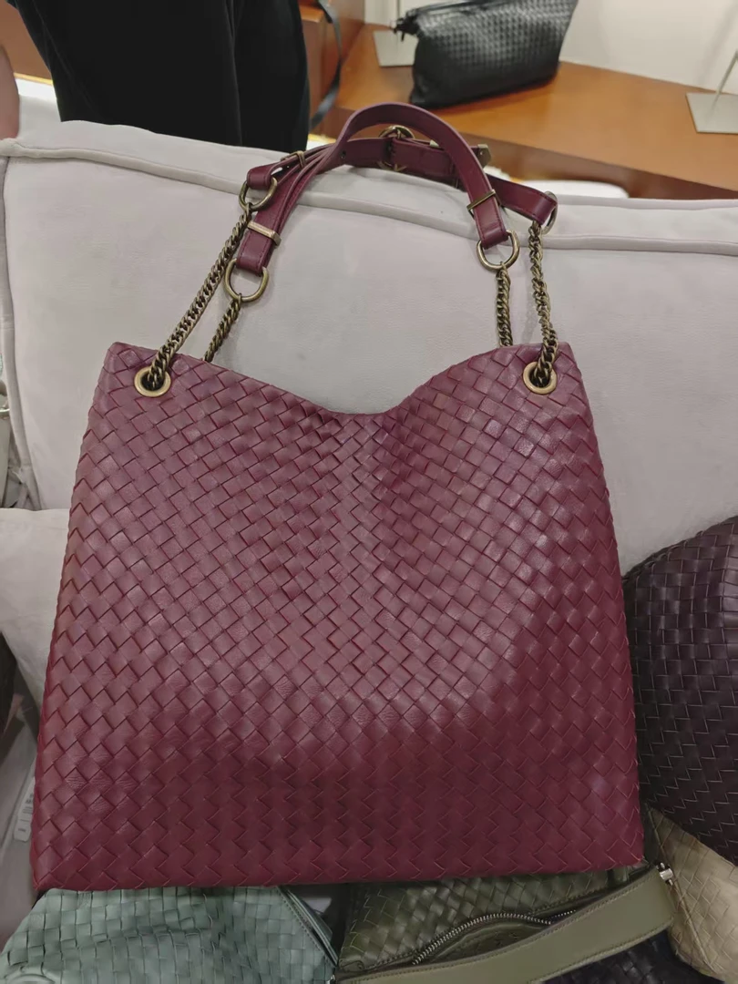 YUSHA/高档巴洛红羊皮编织链条大托特-10047