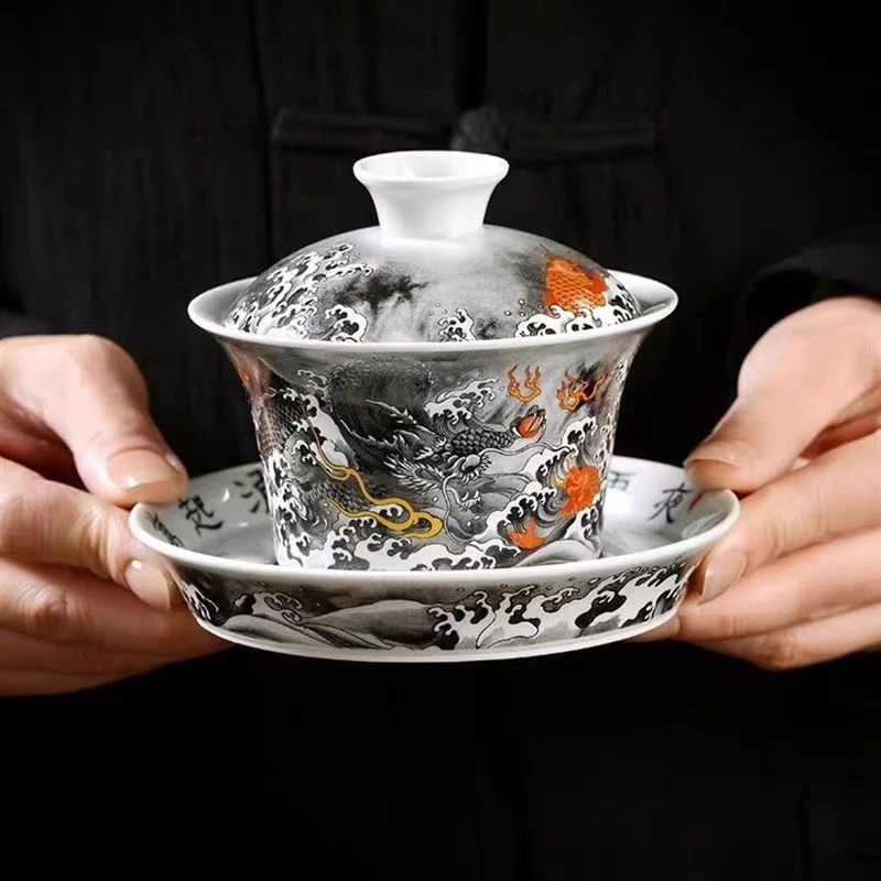 烫手茶具个人陶瓷复古茶杯三件套盖子盖碗盖碗茶具白瓷泡茶鎏银