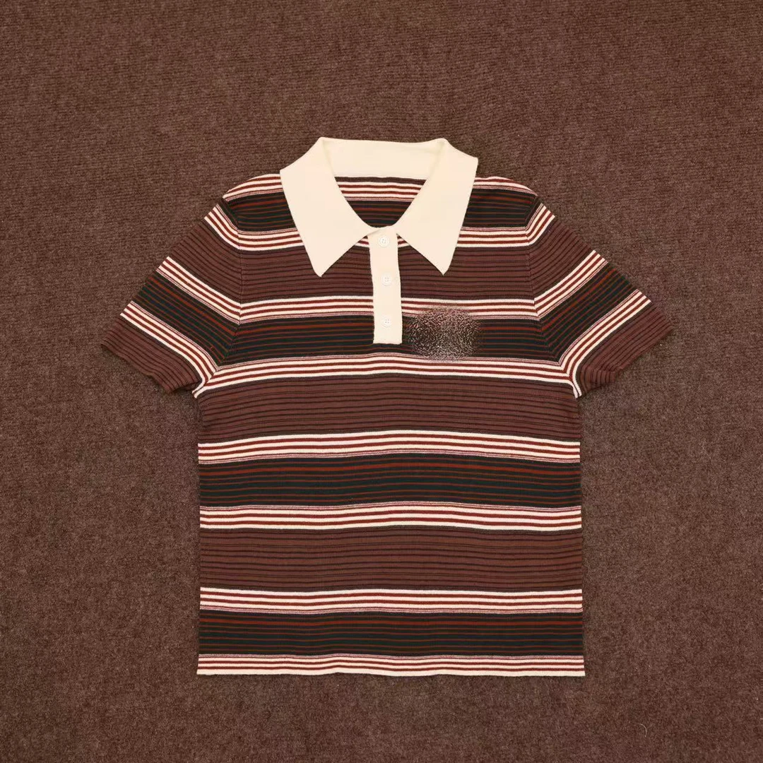 【晨老板】N【条纹序曲】时尚POLO领短袖针织上衣69257050