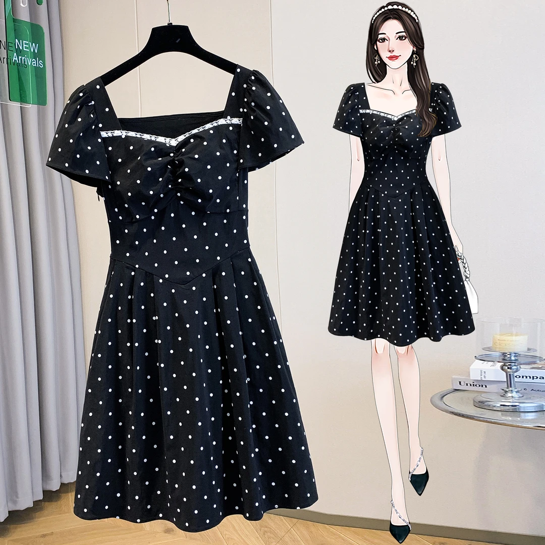 时尚修身拍大码女装2025夏季新款气质修身显瘦百搭波点印花连衣裙