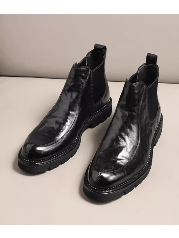 秋冬新潮胎牛皮手抓纹厚底商务休闲高帮皮鞋切尔西靴男马丁靴短靴