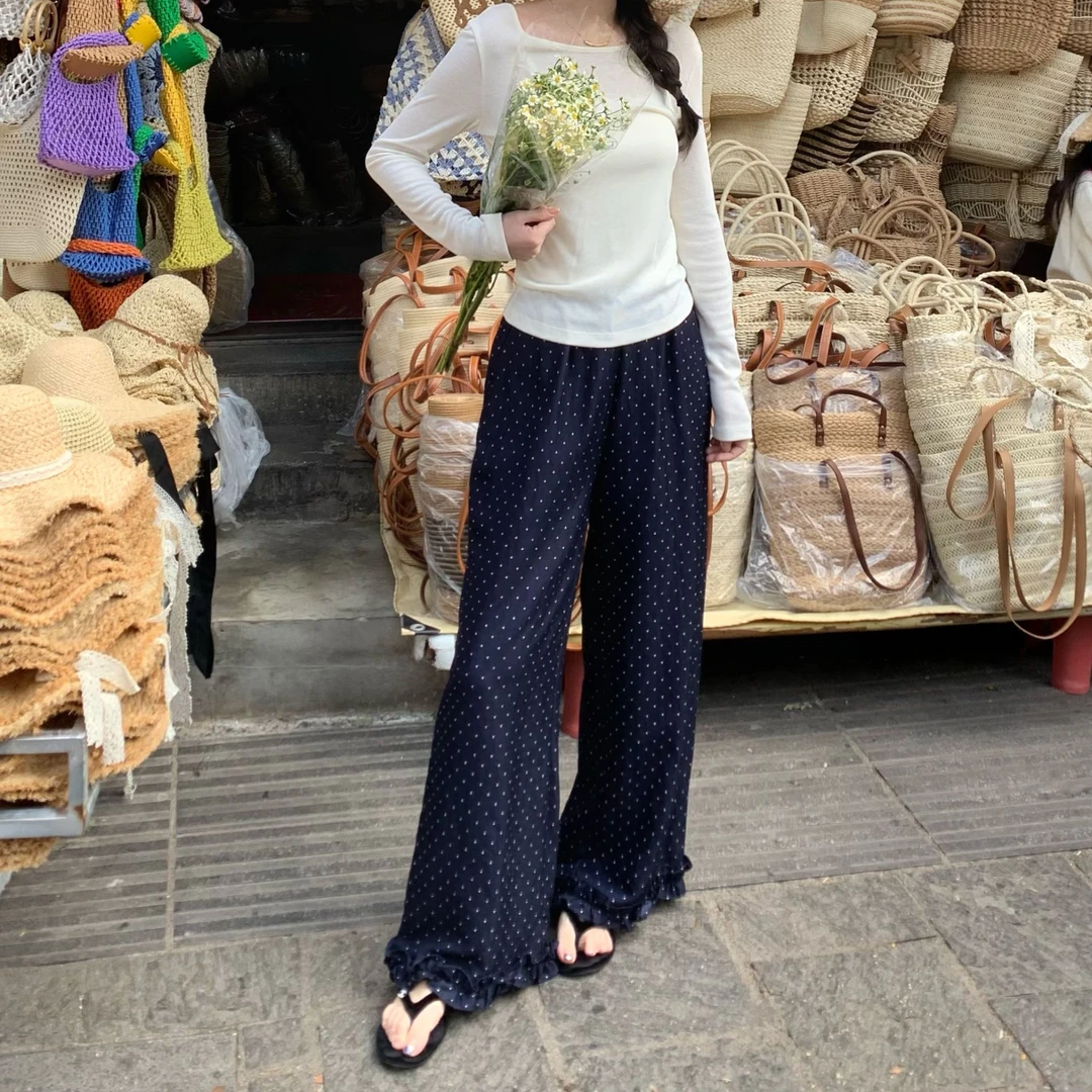 【花花】波点花边裤~复古高腰松紧波点花边拼接百搭显瘦直筒裤