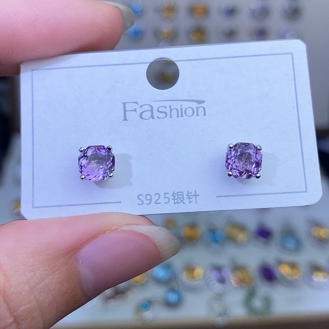 紫晶耳钉银S925镶嵌需要证书备注