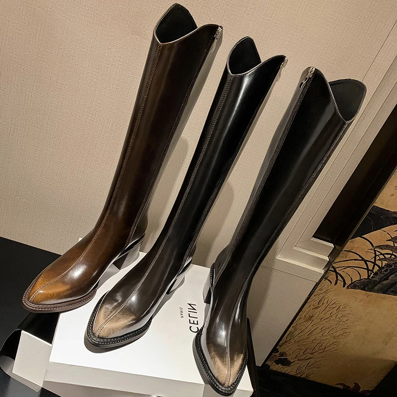 Luna·【6.5cm】34-40牛皮/单里/绒里简约复古擦色尖头高筒长筒靴