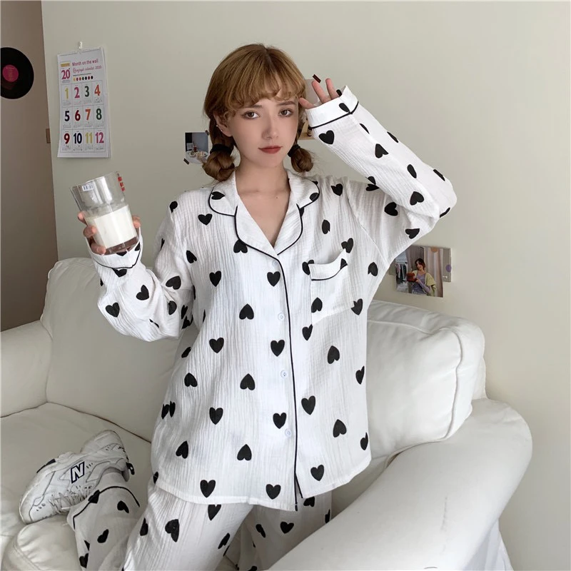 爱心韩版长袖婴儿棉纱春夏印花甜美复古公主风喇叭袖睡衣家居服女