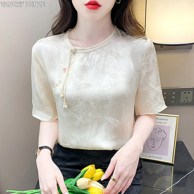 BUNZE新中式国风盘扣短袖t恤女2025洋气新款时尚印花夏季雪纺上