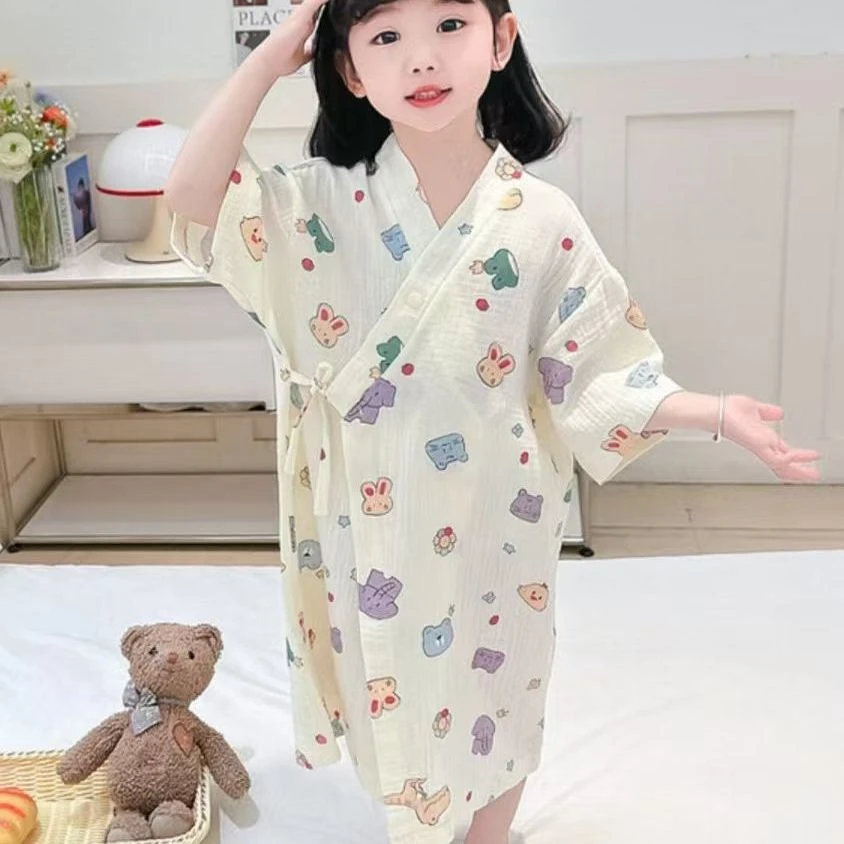 婴儿浴巾春秋薄款宝宝浴袍长袖儿童纱布睡衣夏季男女童家居睡袍B